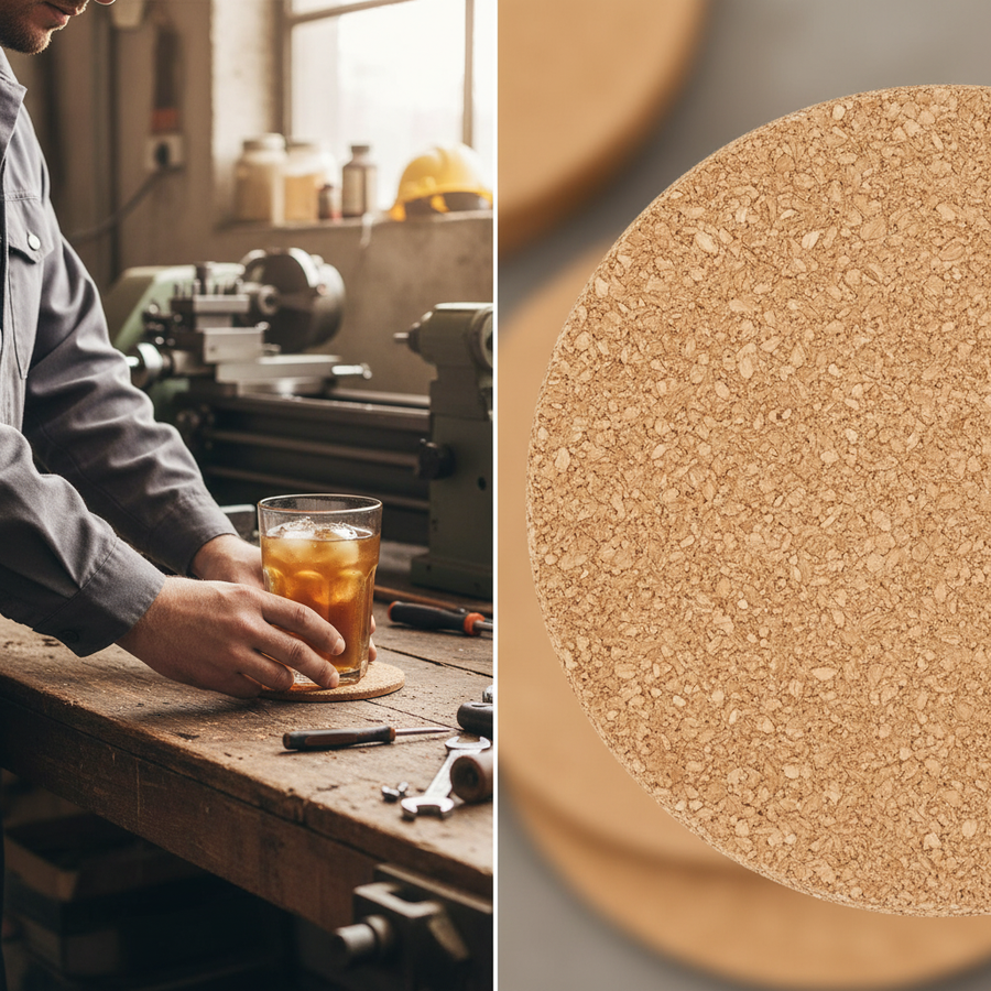 Premium Non-Adhesive Coaster Cork Sheets - 95mm Diameter, 4mm Thick - Pack of 25 shown in a workshop setting, highlighting their granular texture and versatility for soundproofing, acoustic, and noise reduction applications.