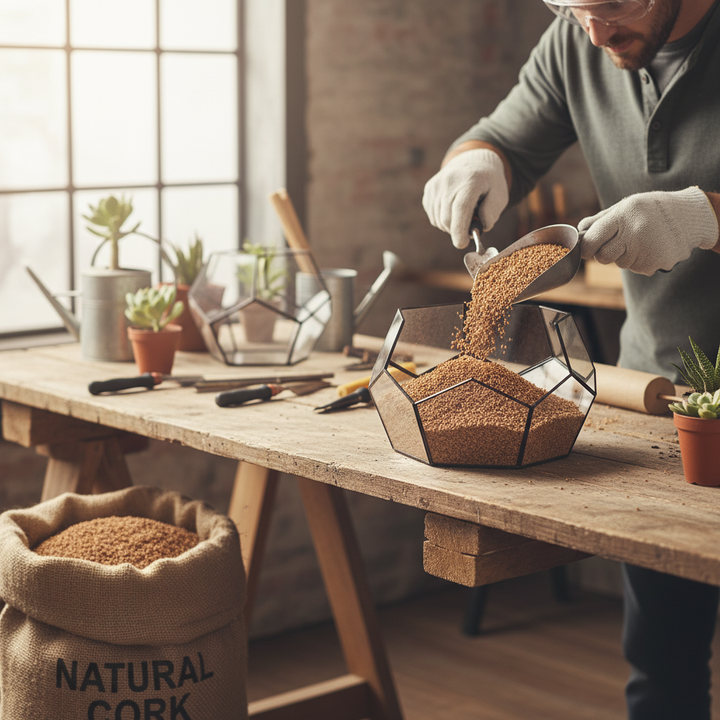 Premium Cork Granules 3 Litres - 2-3mm Granule Size with Density 55-65kg/m³, shown being poured into a terrarium, ideal for soundproofing, acoustic insulation, and noise reduction applications.