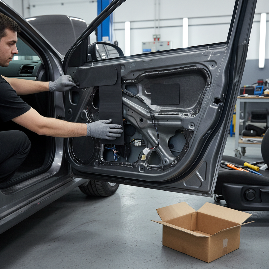 Technician applies Premium Noise Isolator 6mm - 9 Sheet Pack for Thermal and Acoustic Insulation in Vehicles and Home, enhancing soundproofing and noise reduction on car door in workshop.
