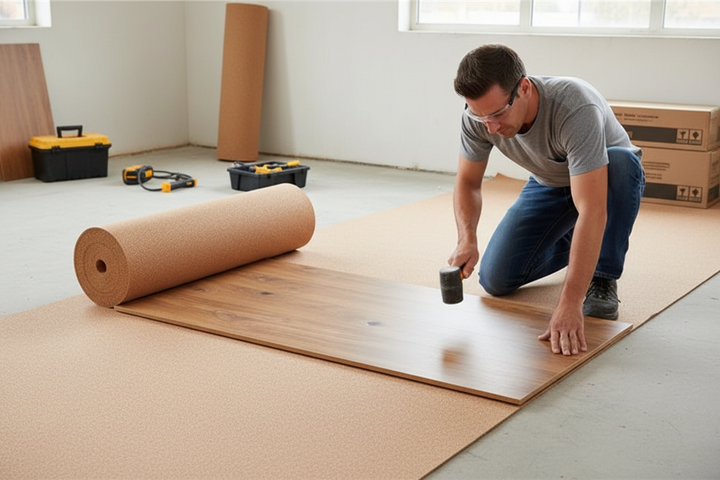 Man installing a floating wood-look floor using the Premium Natural Cork Underlay Roll - 10m x 1m x 3mm Thick for Laminate and Wooden Flooring, offering soundproofing, noise reduction, and acoustic insulation benefits.