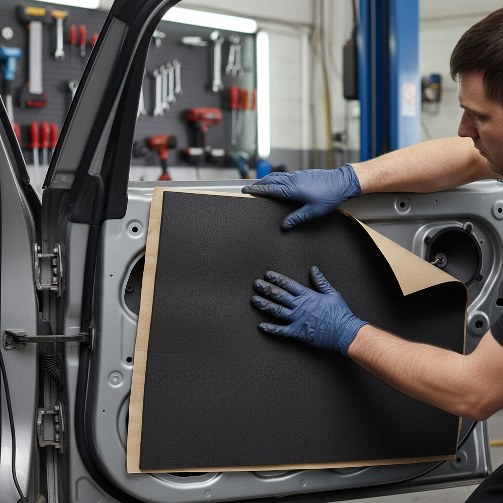 Applying Premium Self-Adhesive Thermo-Acoustic Material 10mm Thick inside a car door, showcasing soundproofing, noise reduction, and vibration damping properties. Ideal for automotive acoustic insulation, covering 5.2 sq.m.