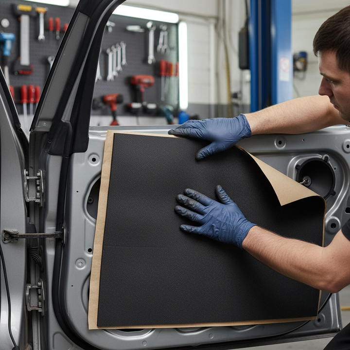 Applying Premium Self-Adhesive Thermo-Acoustic Material 10mm Thick inside a car door, showcasing soundproofing, noise reduction, and vibration damping properties. Ideal for automotive acoustic insulation, covering 5.2 sq.m.