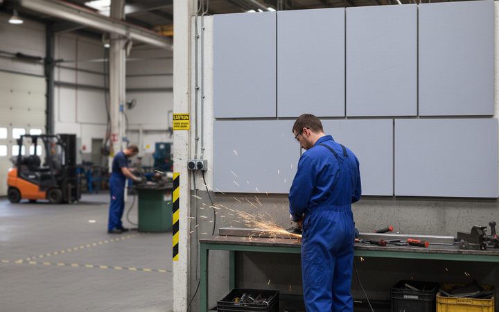 Man in blue coveralls uses an angle grinder, sending sparks flying, in a workshop with Premium Acoustic Wall Board for High Sound Insulation prominently installed, showcasing its noise reduction and soundproof capabilities.
