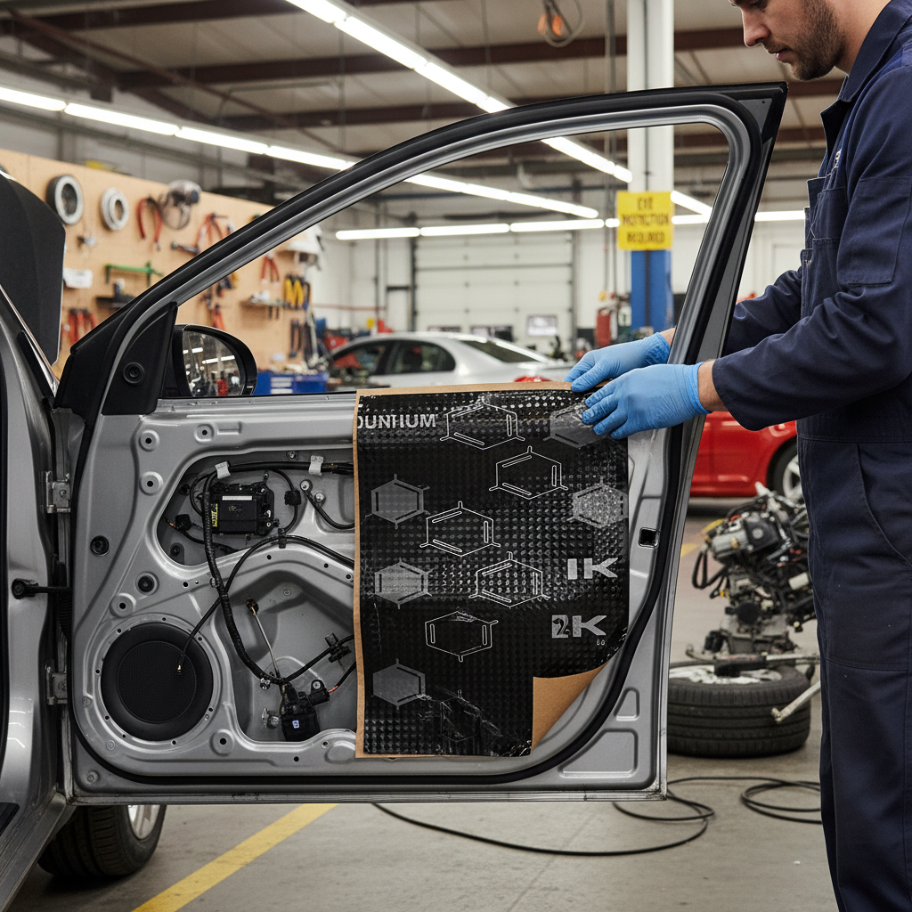 Technician applying Premium 1.8mm Self-Adhesive Anti-Vibration Material Pack - 2.96sq.m Coverage with Enhanced Acoustic Properties to car door for noise reduction and soundproofing, showcasing its flexibility and acoustic insulation capabilities.