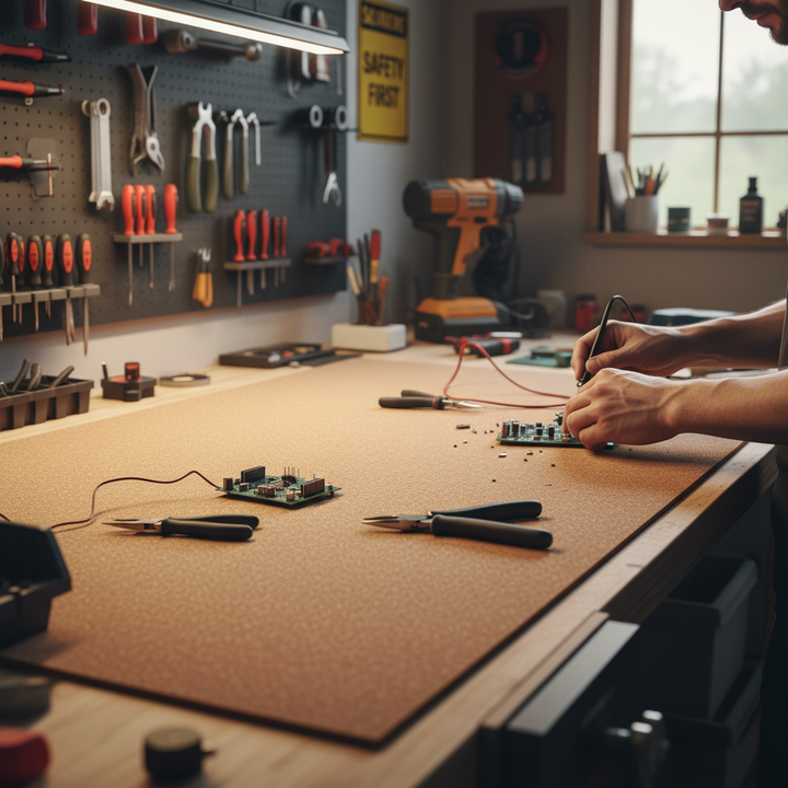 Premium High Density Adhesive Cork Sheets - 915mm x 610mm - 2mm Thick - Pack of 10 on a workshop table, suitable for soundproofing and acoustic insulation, amidst electronic tools and components.