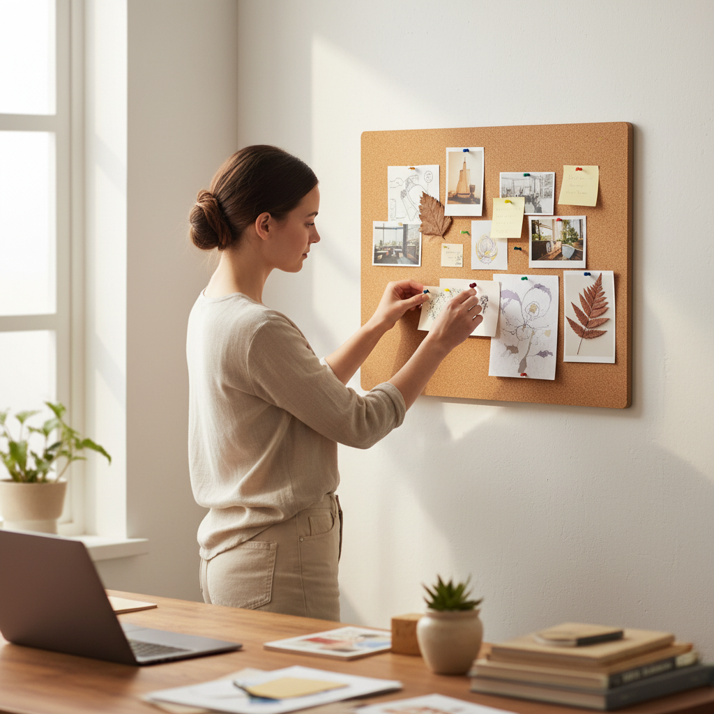 Premium Custom Size Rounded Edges MDF Backed Cork Pinboard - 9mm MDF with 10mm Cork Sheet, ideal for soundproofing and acoustic setups, shown in use with sketches and photos pinned.