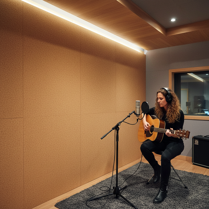 Premium Fine Grain Large Cork Roll 8m x 1m - 10mm Thick, ideal for soundproofing and acoustic insulation in studios. Features natural cork with sound-dampening properties, visible in a recording studio setting.