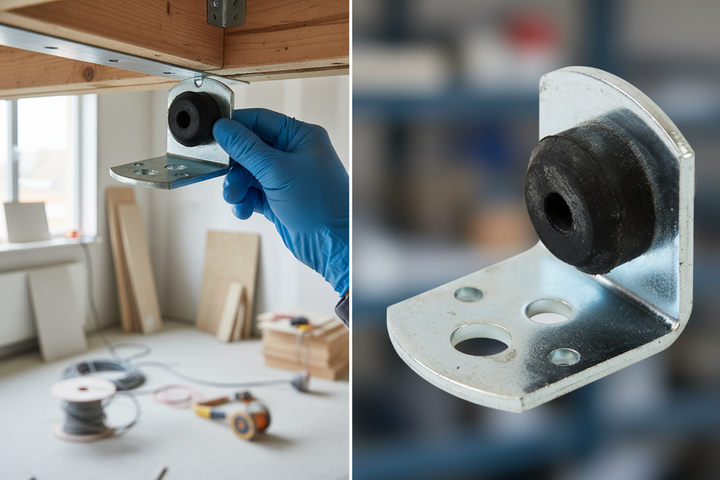 Premium 35mm Acoustic Hangers for Suspended Ceiling Construction, shown as an L-shaped bracket with a rubber isolator, used for soundproofing to reduce vibration and noise in renovations. Ideal for sound insulation.