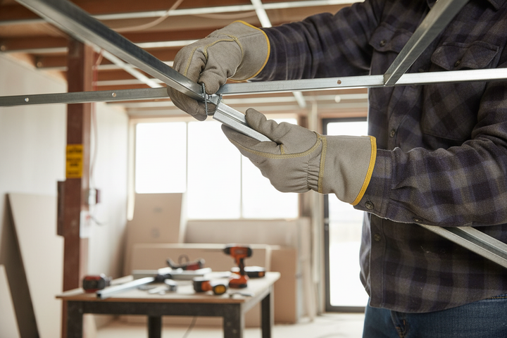 Person fitting metal framing in a construction scene, highlighting the Premium 3600mm Primary Channel for Suspended Ceiling Construction, crucial in commercial soundproofing for acoustic stability and noise reduction.