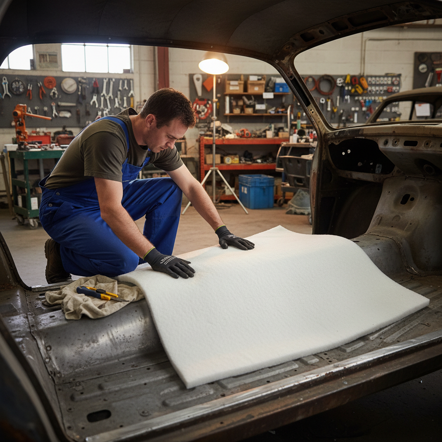 Mechanic installs Premium Sustainable Insulation Quilt 50mm Thick - 3.7 sq.m Roll, enhancing vehicle's soundproof and thermal performance. Ideal for acoustic insulation, noise reduction, and vibration damping in workshops.