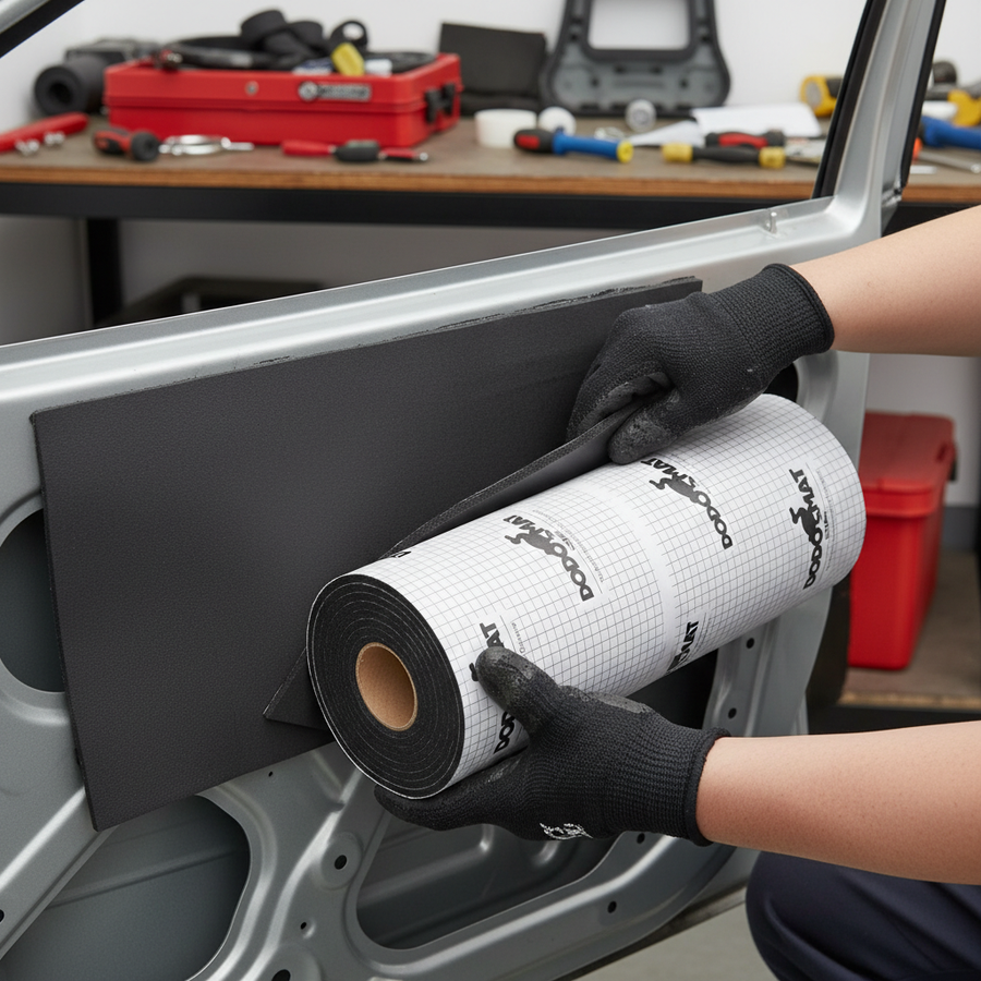Installer applying Premium Heavy Duty Sound Deadening and Insulation Mat for Vehicles - 7mm Thickness with Peel & Stick Application inside a vehicle door, highlighting its soundproofing, acoustic noise reduction, and vibration damping features.