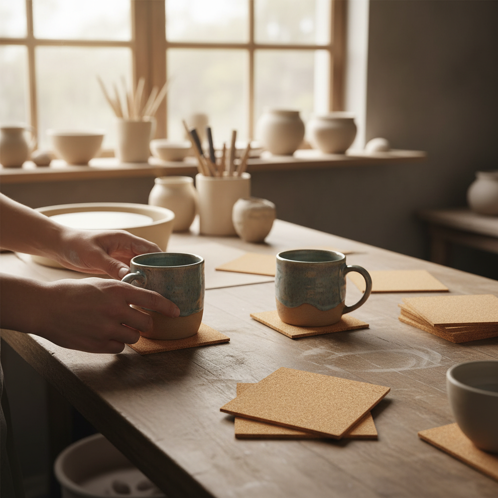 Premium Non-Adhesive Cork Coaster Sheets - 95mm x 95mm, 2mm Thick, 50 Sheets per Pack for Versatile Applications, ideal for DIY projects, soundproofing, and acoustic insulation, shown with handmade ceramic mugs in a pottery studio.