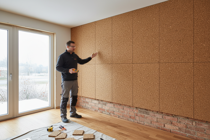 Tradesman installing Premium Insulation Cork Board Pack of 10 Sheets - 1000mm x 500mm, 30mm Thick for Energy Efficiency and Acoustic Insulation, enhancing soundproofing and noise reduction on wall.