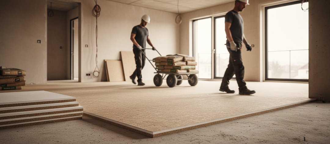 Premium 30mm Acoustic Overlay System for Noise Reduction in New Builds and Renovations with Easy Installation, stacked on concrete, amidst construction tools and materials, illustrating its role in soundproofing and insulation.