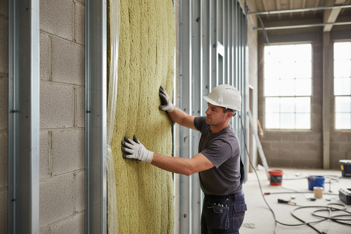 Construction worker inserts a Premium Acoustic Insulation Slab 25mm Thick for Sound Reduction in Floors, Ceilings, and Walls - 1200mm x 600mm Dimensions, between metal studs, enhancing soundproofing and noise reduction capabilities.