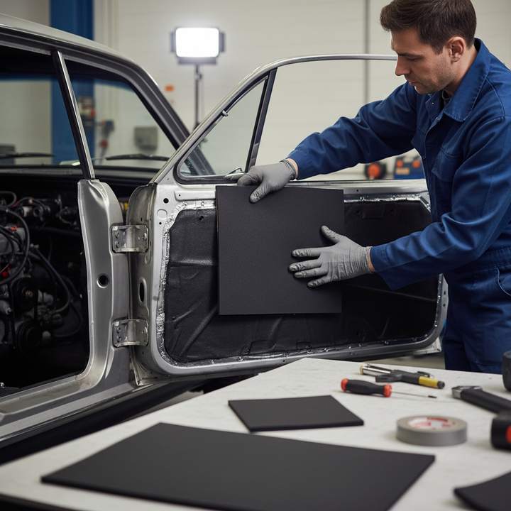 Technician installs Premium Self-Adhesive Thermo-Acoustic Material 10mm Thick for Noise Reduction and Heat Insulation in car door, showcasing soundproof, acoustic, and vibration damping qualities on workbench with tools.
