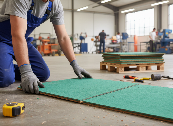 Tradesperson fitting a Premium Acoustic Chipboard Panel, 32mm thick, 2.4m x 0.6m, designed for noise reduction. Tools and machinery visible, highlighting soundproofing and acoustic insulation applications in construction.