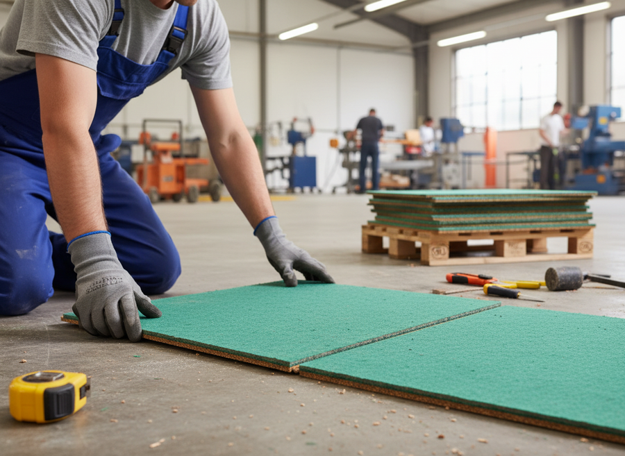 Tradesperson fitting a Premium Acoustic Chipboard Panel, 32mm thick, 2.4m x 0.6m, designed for noise reduction. Tools and machinery visible, highlighting soundproofing and acoustic insulation applications in construction.