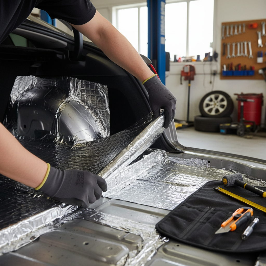 Technician installs Premium 2mm Damping Mat Pack - 20 Sheets for Superior Noise Reduction and Vibration Control in a car trunk, showcasing soundproof and vibration damping features with tools and adhesive roller nearby.