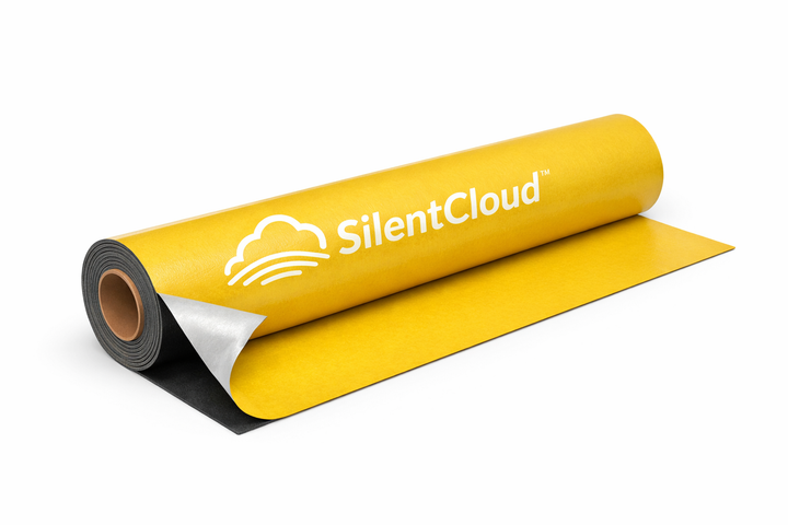 SilentCloud ProMass 50 self-adhesive acoustic membrane roll with yellow brand layer and black underlayer (2.6 mm, 5 kg/m²) for high-density soundproofing.