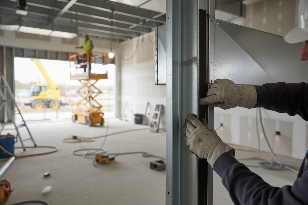 Worker aligning metal duct in construction site, showcasing Premium Impact Noise Reduction Foam Roll 50mm x 15m - Self-Adhesive, Durable, Easy to Install for Timber Floors, enhancing soundproofing and acoustic insulation.