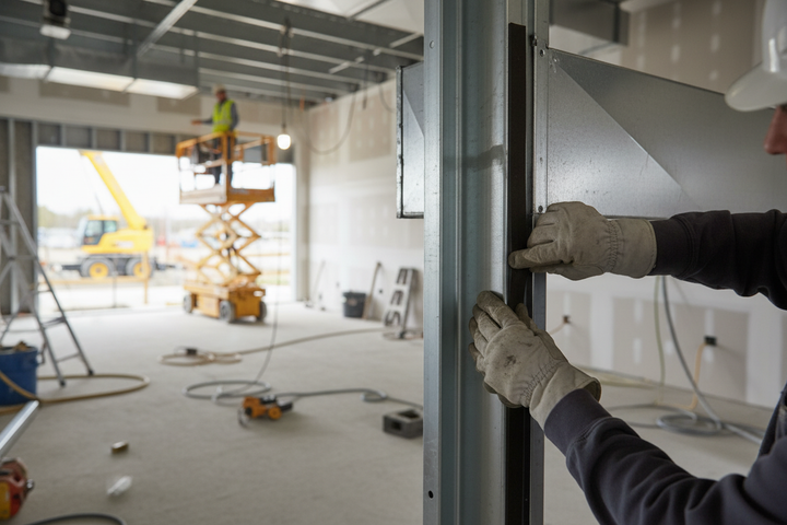 Worker aligning metal duct in construction site, showcasing Premium Impact Noise Reduction Foam Roll 50mm x 15m - Self-Adhesive, Durable, Easy to Install for Timber Floors, enhancing soundproofing and acoustic insulation.