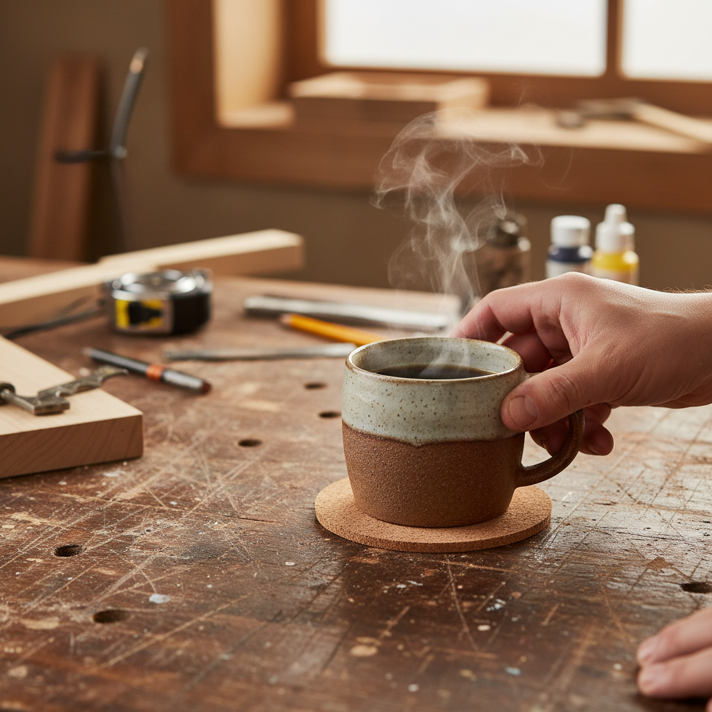 A hand lifts a steaming mug from a Premium Non-Adhesive Cork Coaster Sheet—95mm diameter, 2mm thick, pack of 50—amidst woodworking tools, highlighting soundproof and acoustic applications in a workshop setting.