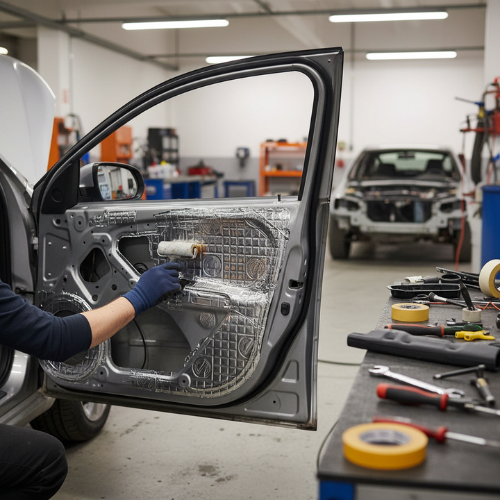 Technician installs Premium 2mm Damping Mat - 40 Sheet Pack for Noise Reduction and Vibration Absorption in Vehicles, using roller to apply soundproof, acoustic insulation for enhanced noise reduction and vibration damping.