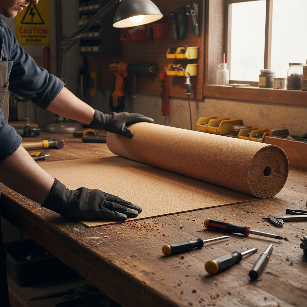 Craft workspace with a person unrolling the Premium Fine Grain Large Cork Roll 2m x 1m - 8mm Thick for Interior Walls, ideal for soundproof and acoustic applications in industrial and commercial settings.