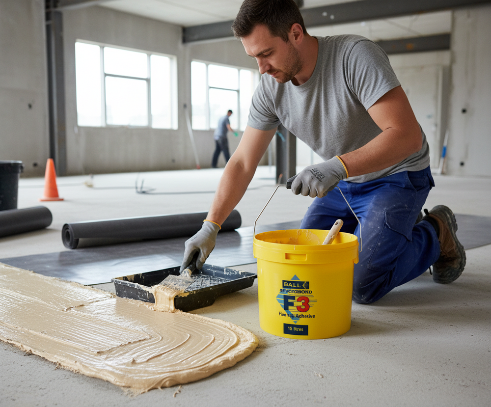 Tradesman applying Premium High-Performance Adhesive for Rubber Acoustic Flooring - 15 Litre Tub with High Coverage Area, using a notched trowel, ideal for soundproofing and noise reduction in large spaces.