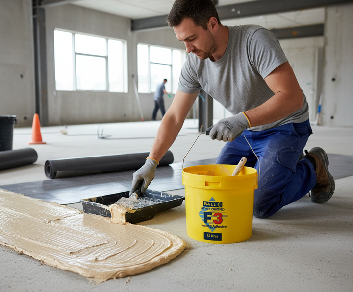 Tradesman applying Premium High-Performance Adhesive for Rubber Acoustic Flooring - 15 Litre Tub with High Coverage Area, using a notched trowel, ideal for soundproofing and noise reduction in large spaces.