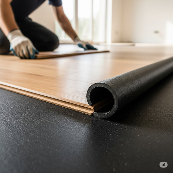 Installer positions floating wood floor planks over 6mm Acoustic Rubber Underlay – 74 Silentcloud Noise Reduction, Eco-Friendly Rubber, enhancing soundproofing and acoustic insulation for superior noise reduction in residential and commercial spaces.