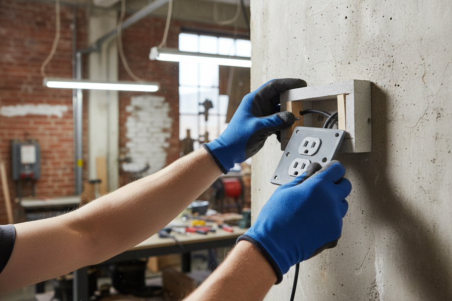 Gloved hands install Premium Acoustic Socket Boxes - High-Density Gypsum Construction for Enhanced Soundproofing, ensuring effective noise reduction and sound insulation in masonry walls. Ideal for acoustic integrity and vibration damping.
