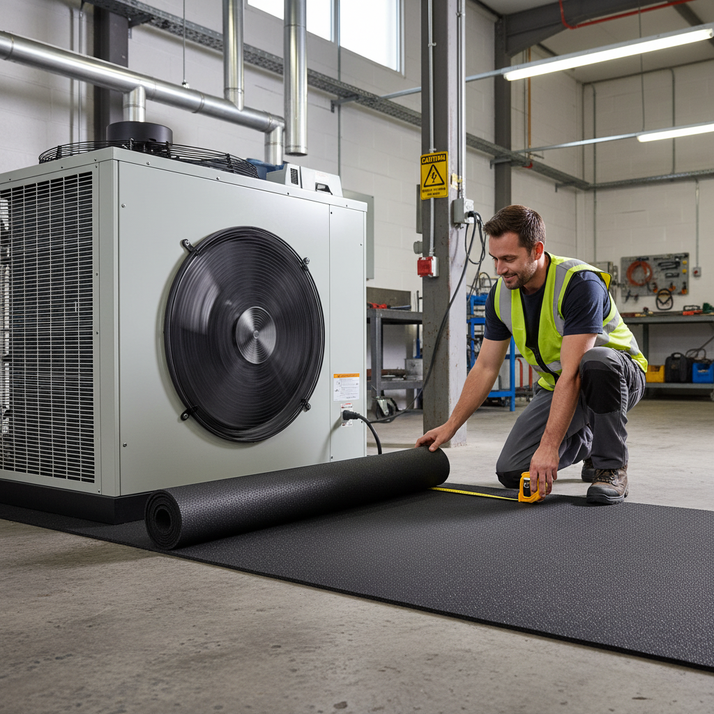 Worker in hi-vis vest measuring Premium 6mm Resilient Acoustic Underlay on a concrete shop floor, demonstrating soundproof, acoustic noise reduction, and vibration damping capabilities for flooring applications.