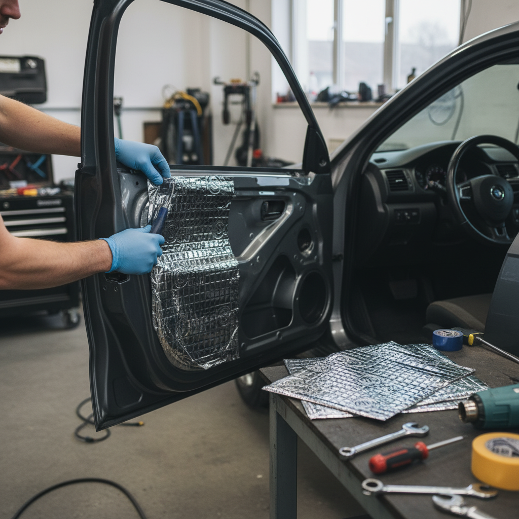 Technician installs Premium Heavy Duty 4mm Damping Mat for noise reduction and vibration control on car door. Workbench with soundproofing tools and materials, showcasing acoustic and vibration damping solutions from Silentcloud.
