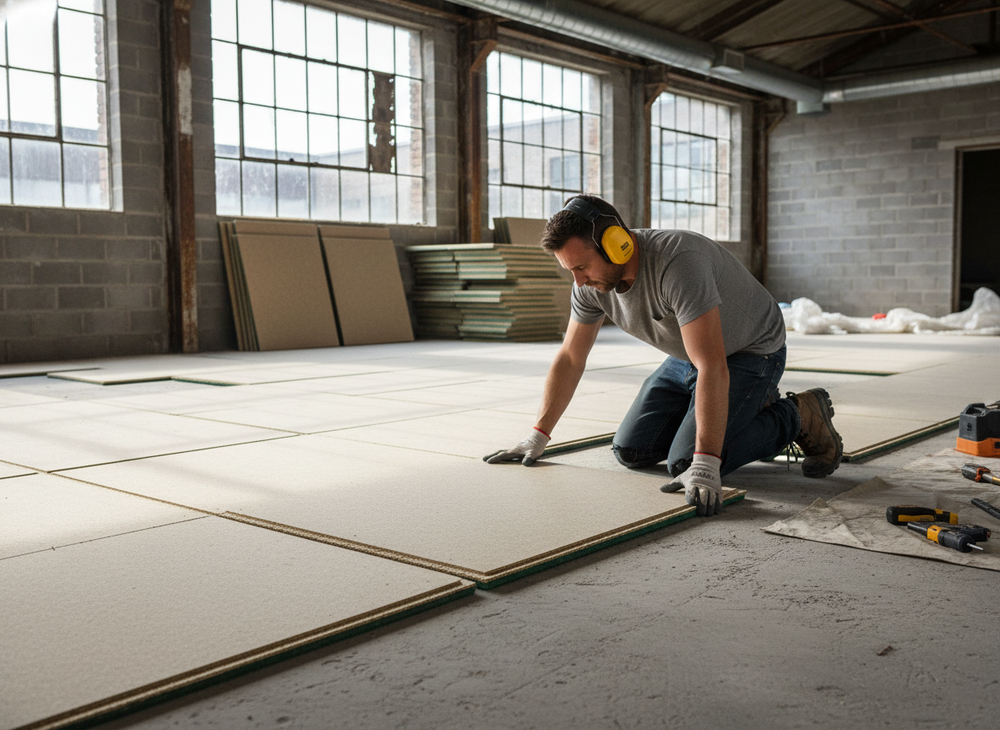 Tradesman installing Professional Acoustic Floating Floor Panel 28mm Thick with High Density Chipboard and Felt Resilient Layer for Impact Reduction and Soundproofing in industrial space, showcasing soundproof and noise-reducing properties.