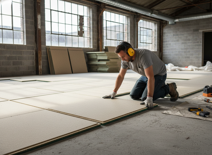 Tradesman installing Professional Acoustic Floating Floor Panel 28mm Thick with High Density Chipboard and Felt Resilient Layer for Impact Reduction and Soundproofing in industrial space, showcasing soundproof and noise-reducing properties.