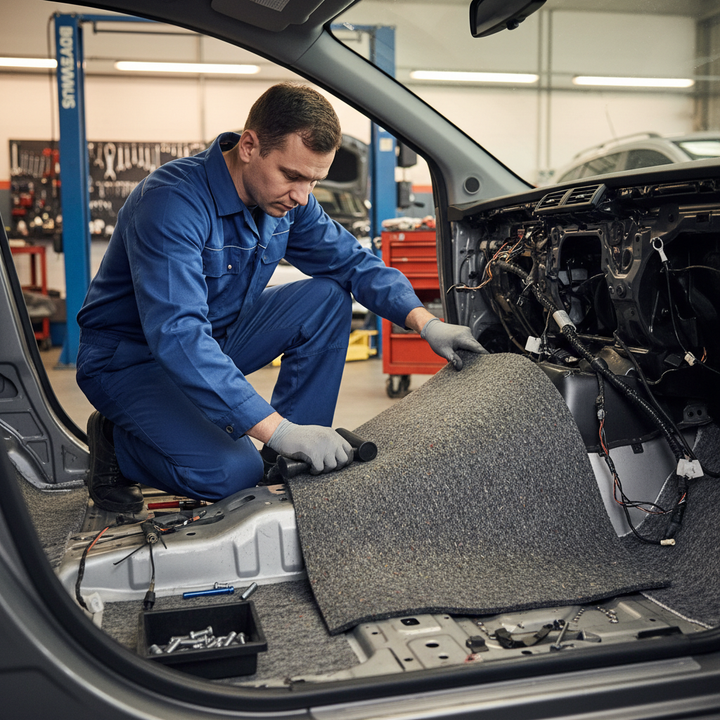 Man installing Premium Self-Adhesive Acoustic Felt 8mm Thick - 8.0 sq.m Coverage for Car Interiors and Noise Absorption, showcasing soundproof and acoustic properties in vehicle cabin.