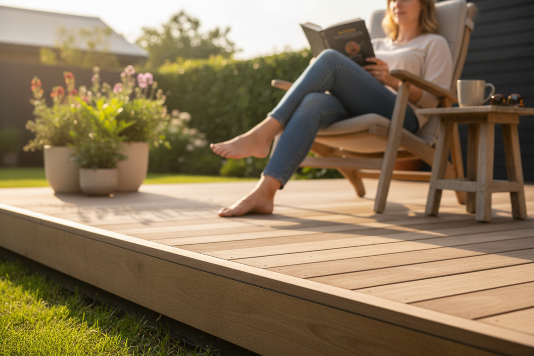 Premium Self-Adhesive Edging Strip 25mm x 5.6m for Skirting Boards with Expansion Gap Feature, ideal for secure installation and noise reduction, seen in a sunlit backyard deck setting.