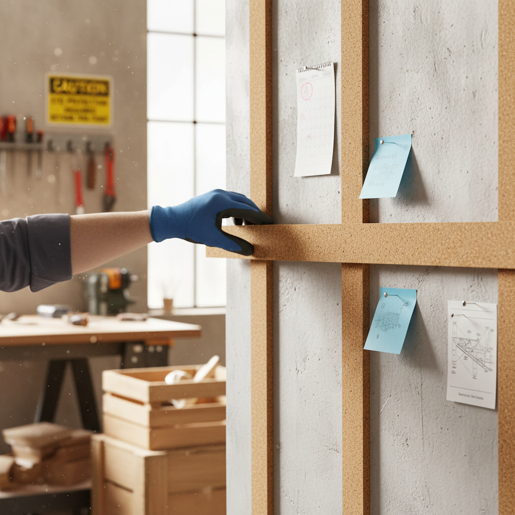 Premium Fine Grain Self Adhesive Cork Board Strips - 450mm x 50mm, 10mm Thick - Pack of 5, mounted on a concrete wall in a workshop, ideal for acoustic pin boards and soundproofing projects.