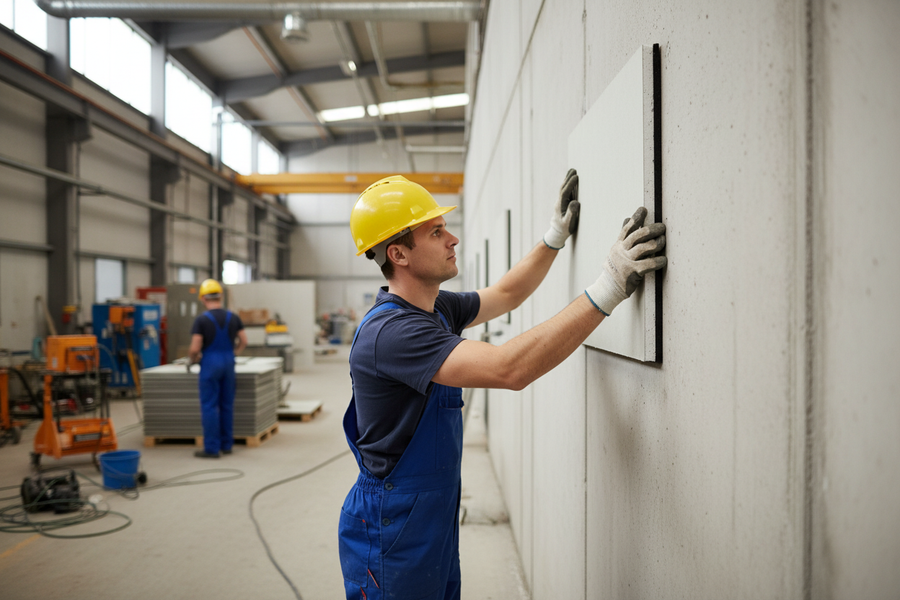 Tradesman installing Premium Acoustic Tile 600mm x 1200mm for high-performance sound reduction in a warehouse setting, illustrating noise reduction and soundproofing capabilities for suspended ceilings.