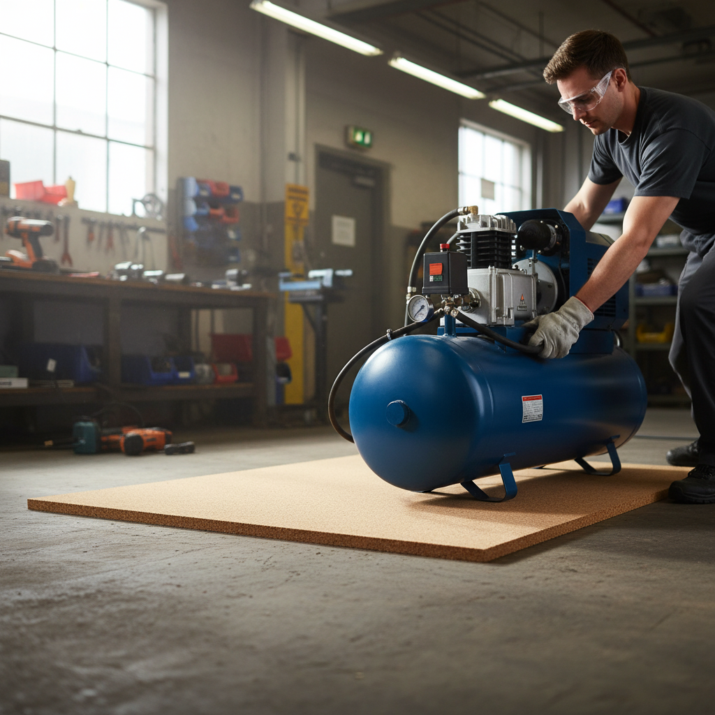 Man positions blue air-compressor on Premium Non-Adhesive Cork Sheet - 915mm x 610mm x 100mm for Pinboards and Wall Coverings, ideal for soundproofing and vibration damping in workshops, enhancing acoustic insulation.