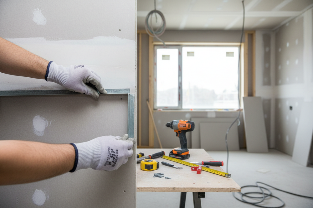 Gloved hands fit a Premium PP10 Angle Profile for Suspended Ceiling Systems, highlighting its high-performance design for commercial applications. The scene reflects ongoing soundproofing and acoustic insulation work.