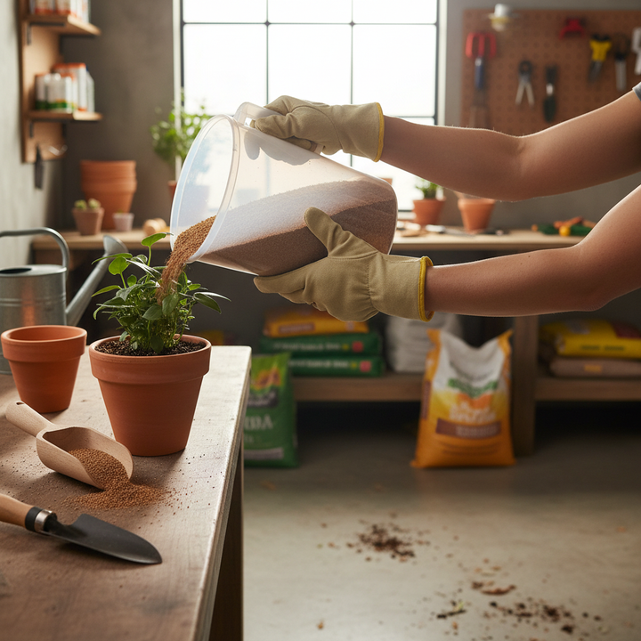Gloved hands pour Premium Cork Granules 3 Litres - 0.5-1mm Granule Size with Density 50-62kg/m³, ideal for soundproofing and acoustic applications, into a terracotta pot beside gardening tools.