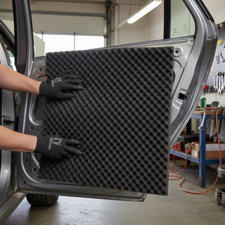 A person installs the Premium Sound Absorber Foam Sheet 35mm Thick for High Frequency Noise Reduction and Absorption into a car door, enhancing acoustic insulation and vibration damping in a workshop setting.