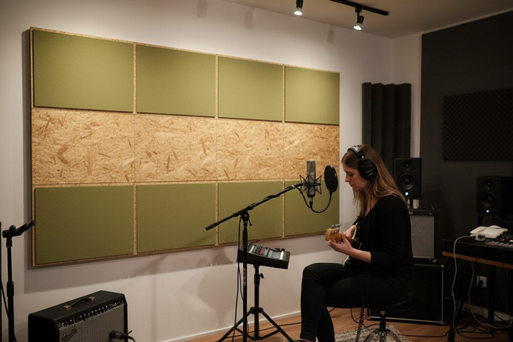 Premium Acoustic Insulation Panel 2400mm x 600mm x 52mm for Robust Details Compliance in soundproof studios, featuring sound insulation and vibration damping, displayed in a recording room with guitar setup.