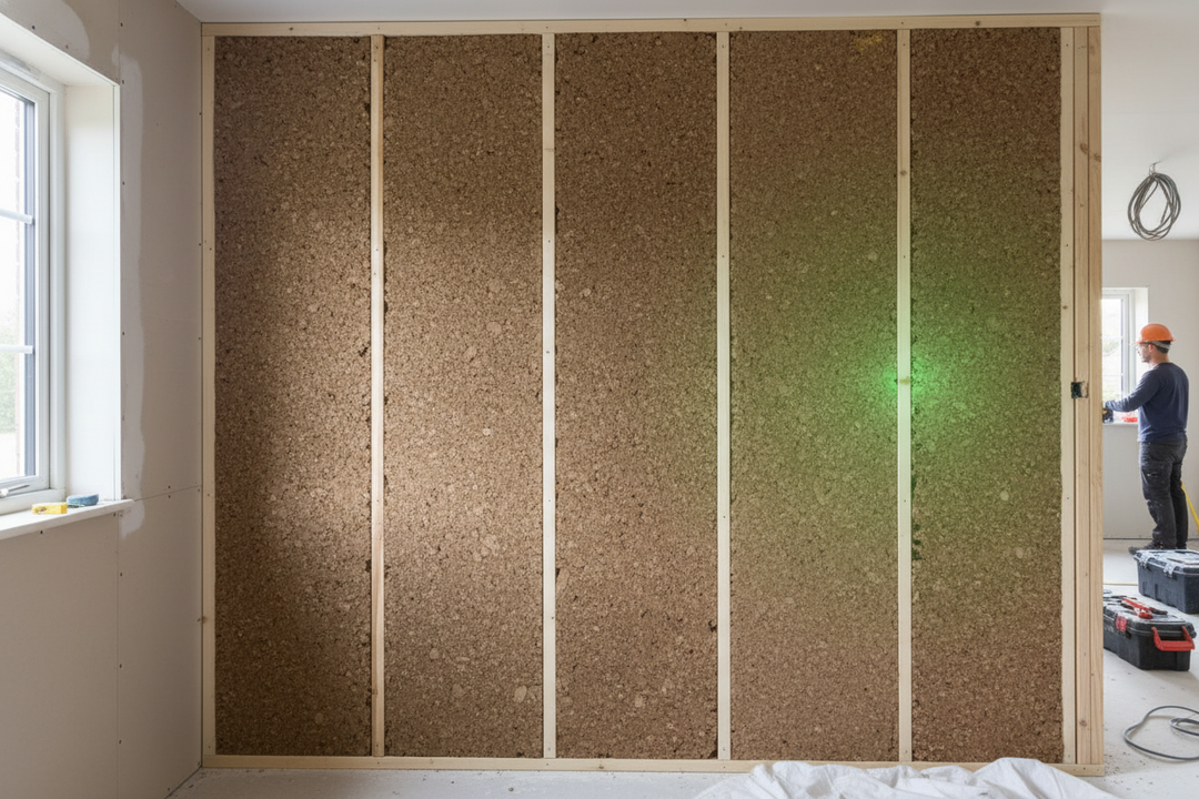 Premium Insulation Cork Board Pack of 15 Sheets 1000mm x 500mm - 20mm Thick for Energy Efficiency and Acoustic Insulation, installed in stud-wall frame, providing soundproofing and vibration damping benefits.