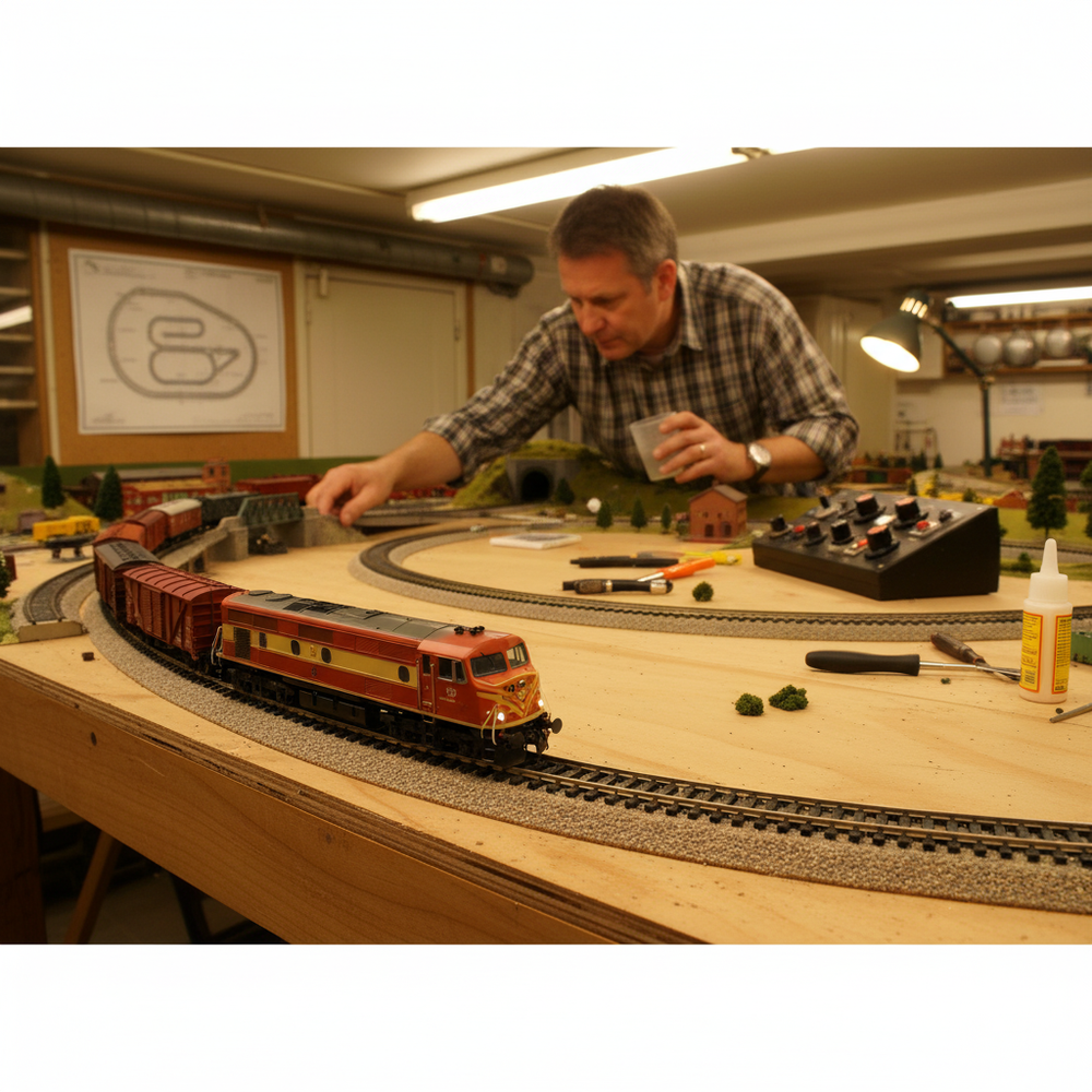 High-Performance Model Railway Cork Track Underlay Roll 10 Meters Long, 3mm Thick for Enhanced Sound and Vibration Dampening, visible on model layout table, reducing noise and vibration for realistic, soundproof operation.