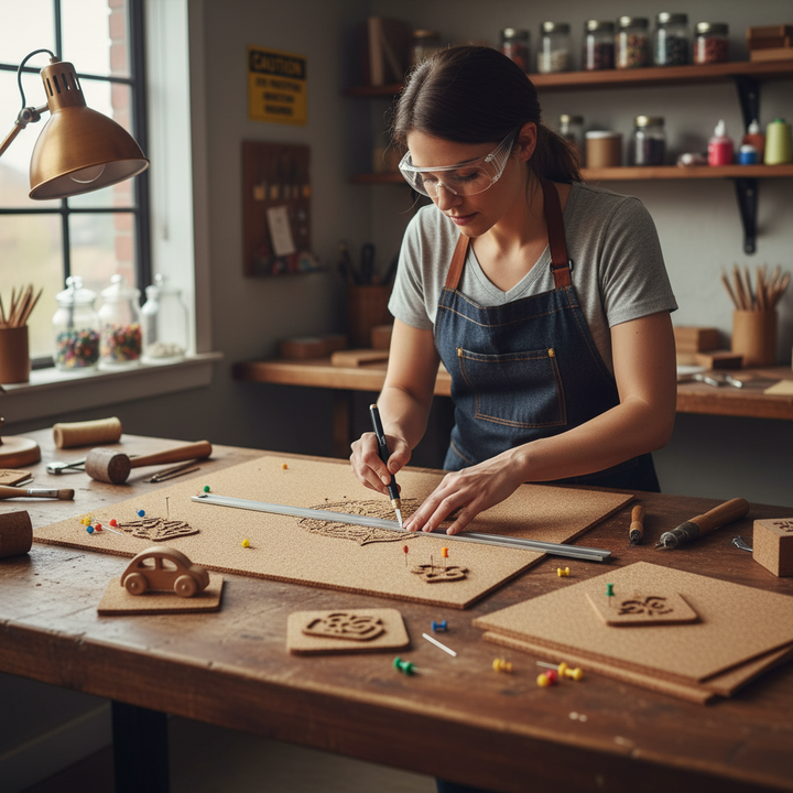 Woman in a workshop using Premium High Density Non-Adhesive Cork Sheets - 915mm x 610mm, 3mm Thick, Pack of 7 for Wall Coverings and Craft Projects, ideal for soundproofing and acoustic insulation.