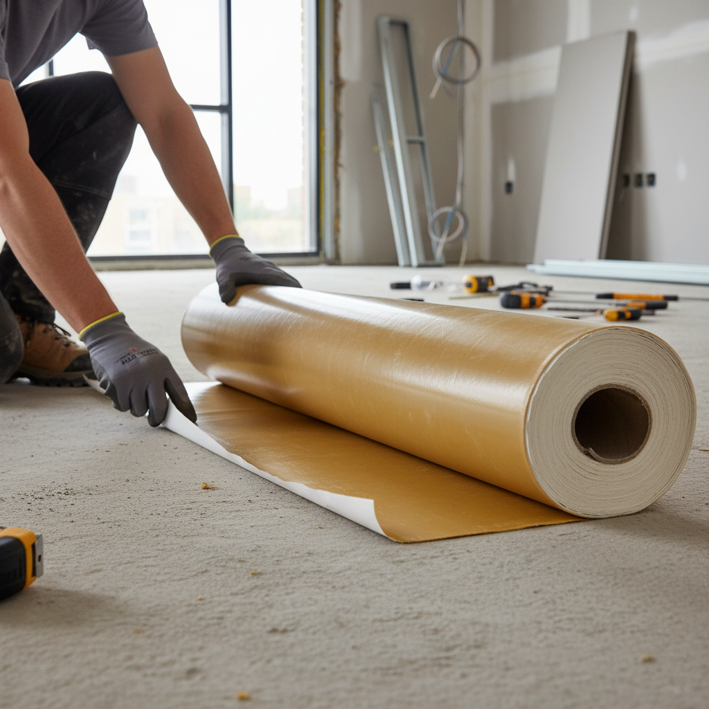 A worker applies Premium High-Performance Acoustic Membrane and Barrier Matting, with self-adhesive backing, to a concrete subfloor, enhancing soundproofing and noise reduction during a room refurbishment.